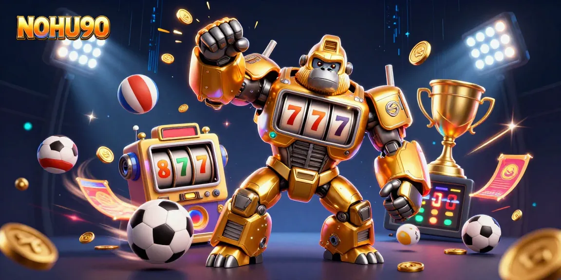 Engage in online gaming excitement with NOHU90's dynamic casino elements and golden gorilla mech.