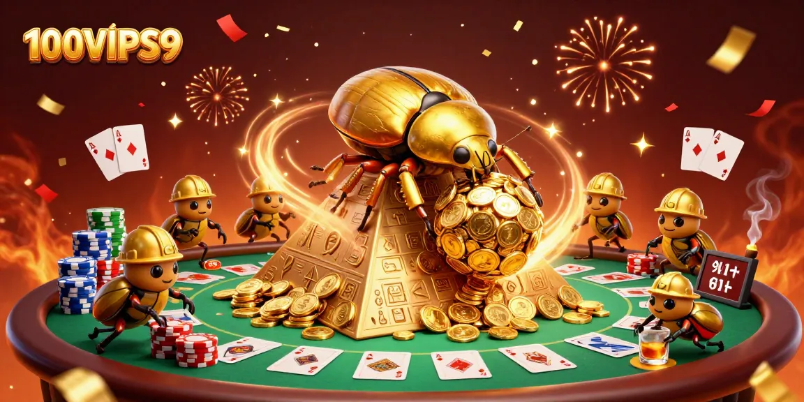 Engage with 100VIPS9 as the golden dung beetle rolls in a vibrant casino scene.
