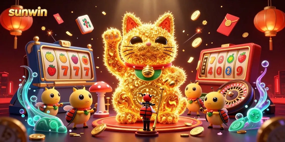 Engage with sunwin's vibrant casino scene featuring a lucky cat, beetle conductor, and dynamic casino elements.
