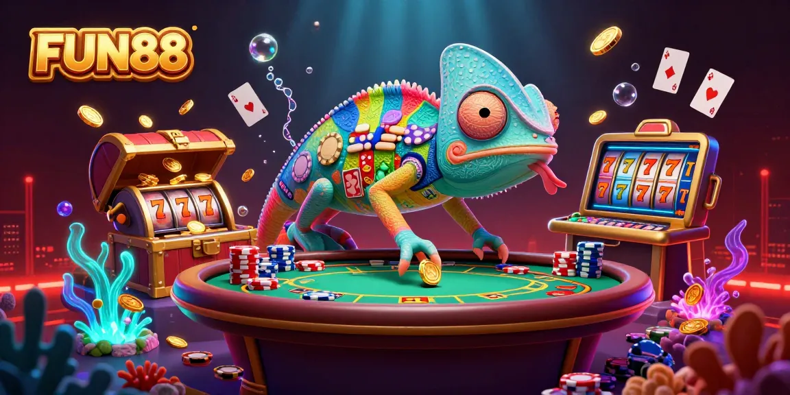 Win big at FUN88 with an energetic 3D chameleon casino owner and vibrant gaming elements.